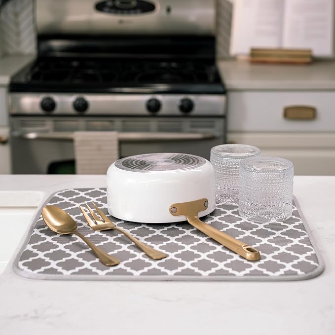 S&T INC. Dish Drying Mat, 16" x 18", Large, Trellis | Absorbent Microfiber, Kitchen Counter Mat for Dishes, Utensils, Pots and Pans, Machine Washable