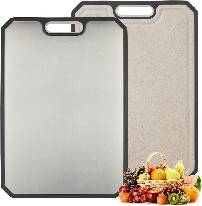 Stainless Steel Cutting Board for Kitchen Metal Chopping Board 15.2"x 10.5" | Double-Sided Stainless Steel/Wheat Straw PP Meat Cutting Board Non Toxic Chopping Board with Juice Grooves & Handle