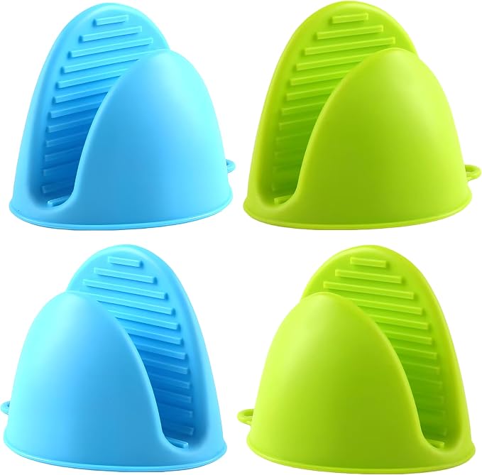 2 Pairs (Blue & Green),Mini Silicone Oven Gloves, Mini Finger Protector Pot Holder for Kitchen,Cooking,Baking,BBQHeat Resistant Gloves，can be Washed in the Dishwasher