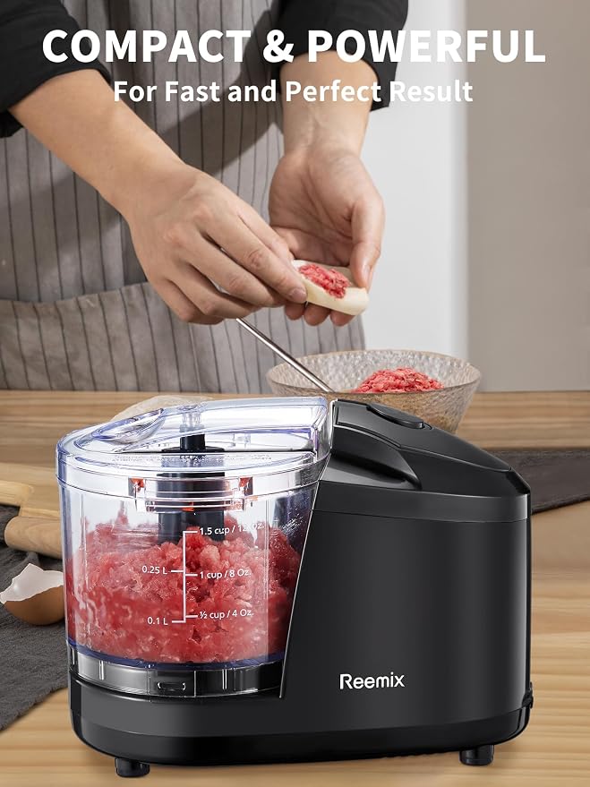 Reemix 1.5-Cup Electric Food Chopper, 100W Mini Food Processor Meat Grinder | One-Touch, Mix, Chop, Mince and Blend Vegetables, Fruits, Nuts, Meats, Stainless Steel Blade (Black)