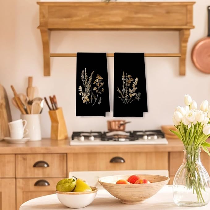 Boho Vintage Botanical Kitchen Towels Set of 2, Rustic Elegant Floral Dish Tea Towels for Kitchen Decor, Dark Cottagecore Flower Plants Hand Towels for Bathroom Decor, 16x24 Inches