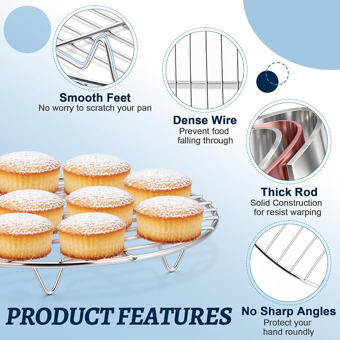 P&P CHEF 10.5 Inch Cooking Rack Round for Steaming Cooling, Silver, 2 Pack | Stainless Steel Round Wire Rack for Baking Grilling, Roasting, Fits Air Fryer, Steamer Pot, Oven & Dishwasher Safe