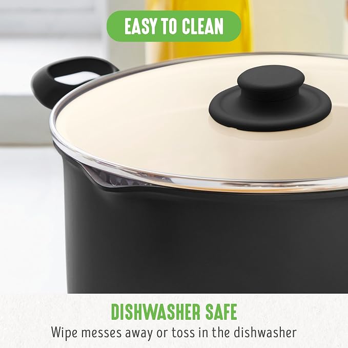 GreenLife 6QT Ceramic Nonstick Stockpot with Glass Straining Lid, Black | PFAS-Free Ceramic Nonstick Coating, Large Cooking Pot, Soup Pan, Stay-Cool Handles, Dishwasher & Oven Safe up to 350F