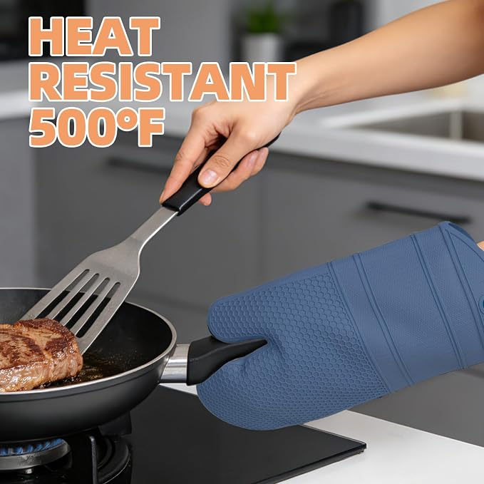 YUTAT Silicone Oven Mitts,Heat Resistant Oven Gloves with Soft Polyester Filling,Perfect for BBQ, Baking and Cooking,Blue,2 Pcs Set