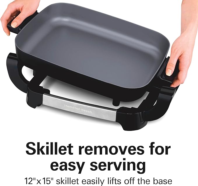 Hamilton Beach Large Electric Skillet With Lid | PFAS-Free Durathon Ceramic 12" x 15” Removable Pan | Adjustable Temperature | Reversible Design | Black Non-Stick Surface