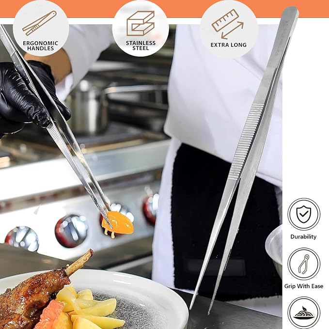 Professional Culinary Stainless Steel Precision Tongs with Serrated Tips, Plating/Food Presentation Detailing Serving Tongs, Chef's Kitchen Tweezer Tongs - Ultra Non-Slip Grip (10" STR Slim)