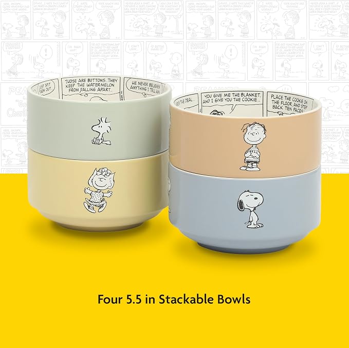 Peanuts Snoopy Bonbon Bites 4-Piece 5.5-Inch Decorated Stoneware Ceramic Stackable Bowl Set, Microwave & Dishwasher Safe Snack and Dessert Bowls