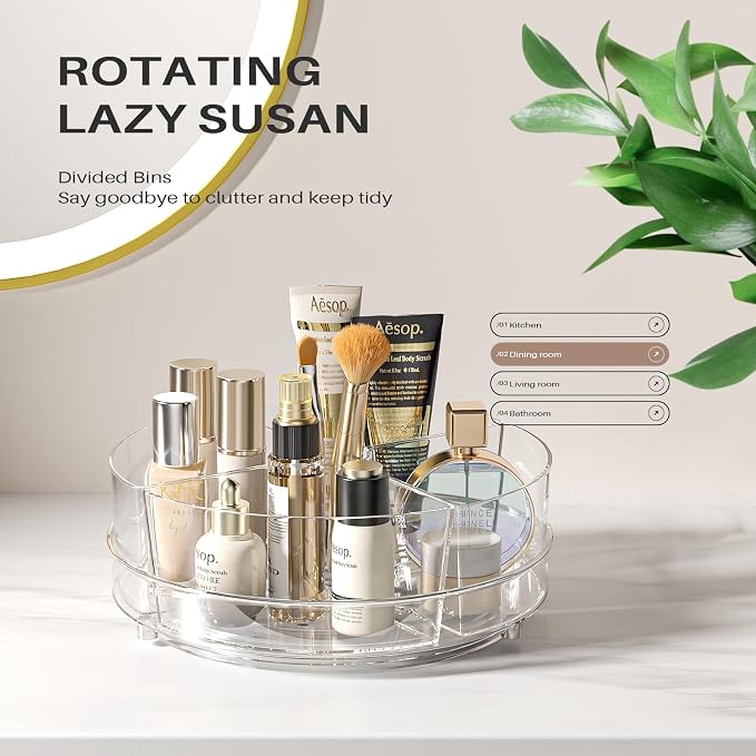 2 Pack Lazy Susan Organizer, 9 inch Rotating Storage Organizer with Bins | Degree Rotating Clear Turntable with 4 Removable Bins, Lazy Susan Turntable Organizer for Fridge, Kitchen, Vanity, Cabinet