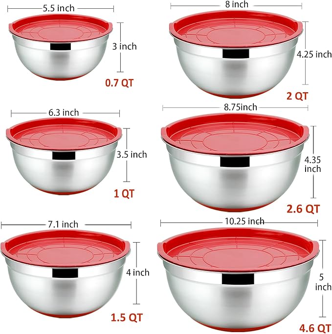 P&P CHEF Stainless Steel Mixing Bowls With Lids, Set of 6, Red | Salad Nesting Mixing Bowls & Fitting Lids & Non-Slip Silicone Bottom, Ideal for Mixing, Storing, Size 0.7/1/1.5/2.5/3/4.6 Qt