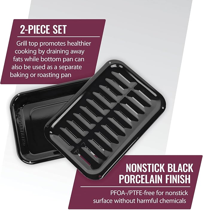Certified Appliance Accessories Small 2-Piece Broiler Pan & Grill Set Porcelain-on-Steel 13"x8-3/4"x1-3/8" Broiler Pan for Oven, Black Whirlpool 4396923, Maytag, Kitchen-Aid replacement