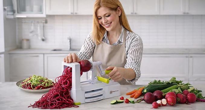 Brieftons 10-Blade Vegetable Spiralizer: Zoodle Maker & Veggie Noodle Maker, Potato String & Curly Fry Cutter, Japanese Steel Blades, Catch Container, Strong Suction Pad, 4 eBooks | Keto, Vegan, Paleo