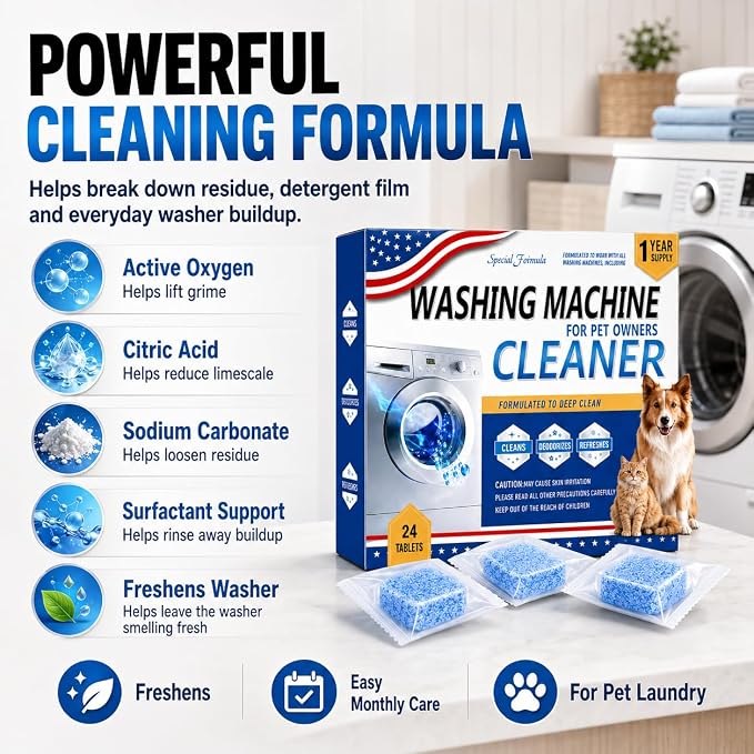 Enzyme Washing Machine Cleaner Tablets for Pet Owners, Deep Clean | Throughly Remove Wash Deodorizer Pet Odor & Hair Residue, for HE Front/Top Load Washers, 24 Count,1 Year Supply