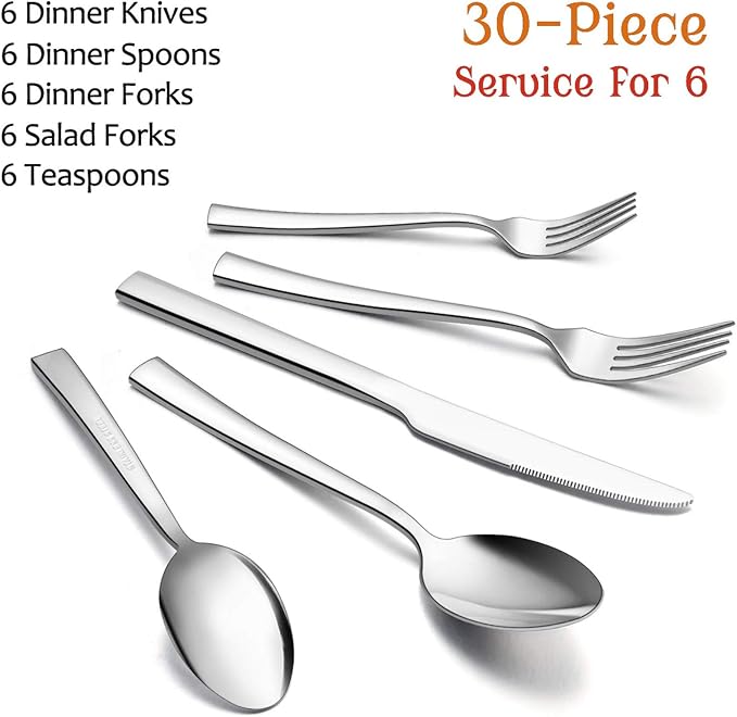 30-Piece Silverware Set, E-far Stainless Steel Flatware Set Service for 6, Modern Tableware Cutlery Set for Home and Restaurant, Square Edge & Mirror Finish, Dishwasher Safe