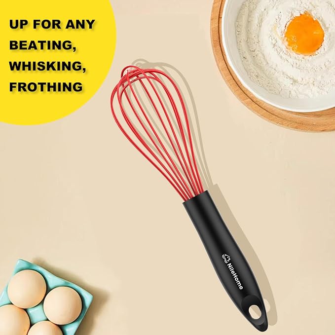 NileHome Silicone Whisk 10", Kitchen Whisk Kitchen Wisk Wire Whisks for Cooking, Whisking, Blending, Beating, Stirring-Red