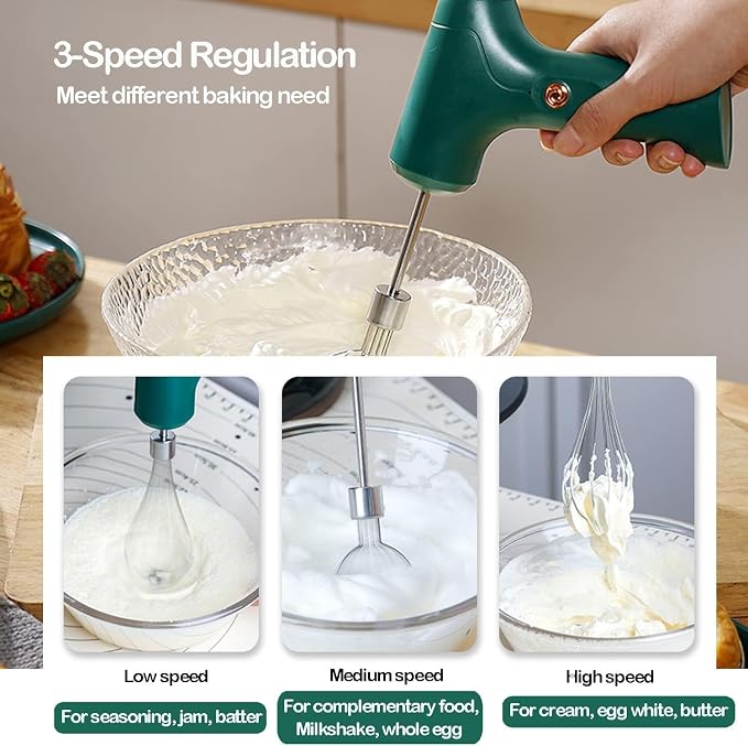 Electric Hand Whisk, USB Rechargeable, Wireless Portable Egg Beater with 2 Detachable Whisks with 3 Speed Modes for Eggs/Milkshake Cream/Butter/Baby Food, Fit for Kitchen/Camping/Gifts (Green)