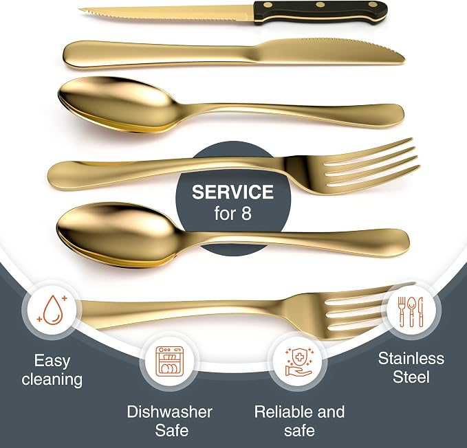 49 Piece Gold Silverware Set - Service for 8 - Stainless Steel Gold Flatware serving set - Cutlery Set - Knives, Fork, and Spoon - Dishwasher Safe - Stunning Polished Finish