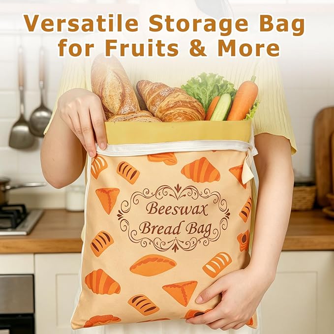 2 Pack Reusable Cotton Sourdough Beeswax Bread Bags with Wide Zipper, Brown | XL(13.3x16.9in) Portable Bread Storage with Handle, Washable, Keep Fresh, Fit Homemade Sourdough Bread, Ideal for Gift-Giving
