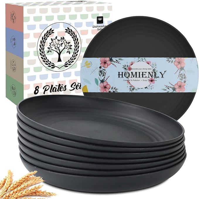 Dinner Plates Set of 8 Alternative for Plastic Plates Microwave and Dishwasher Safe Wheat Straw Plates for Kitchen Unbreakable Plate Set (Black, 10 inch)