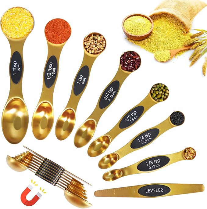 18-Pc Magnetic Measuring Cups and Spoons Set, with Lid, Golden | Includes 1 cover, 9 stackable cups set & 8 magnetic spoons, BPA-free & dishwasher safe, for liquid and dry baking
