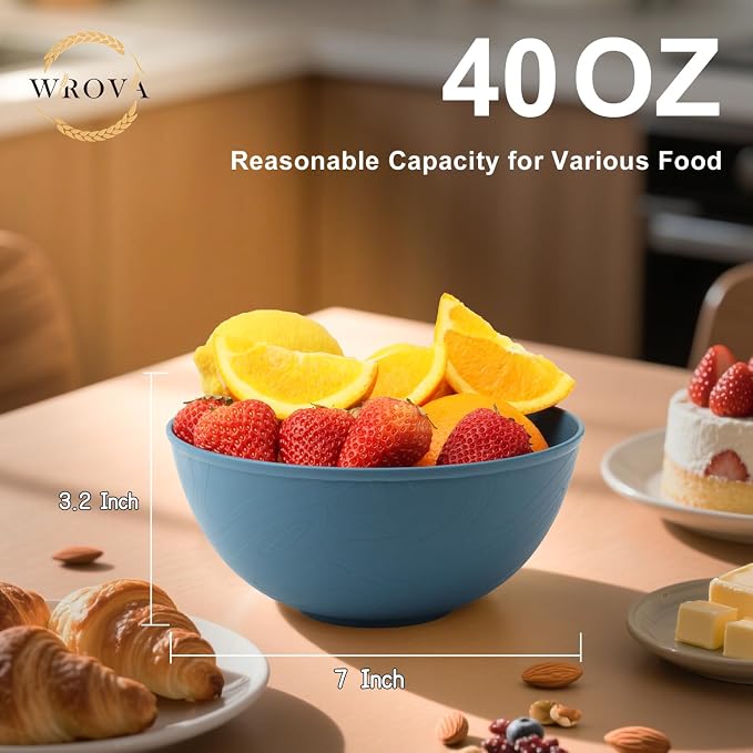 Wheat Straw Salad Bowls for Kitchen set of 6,Anti-Scald Thick Soup Bowls 40oz,Microwave and Dishwasher Safe Bowl set easy to clean. Blue