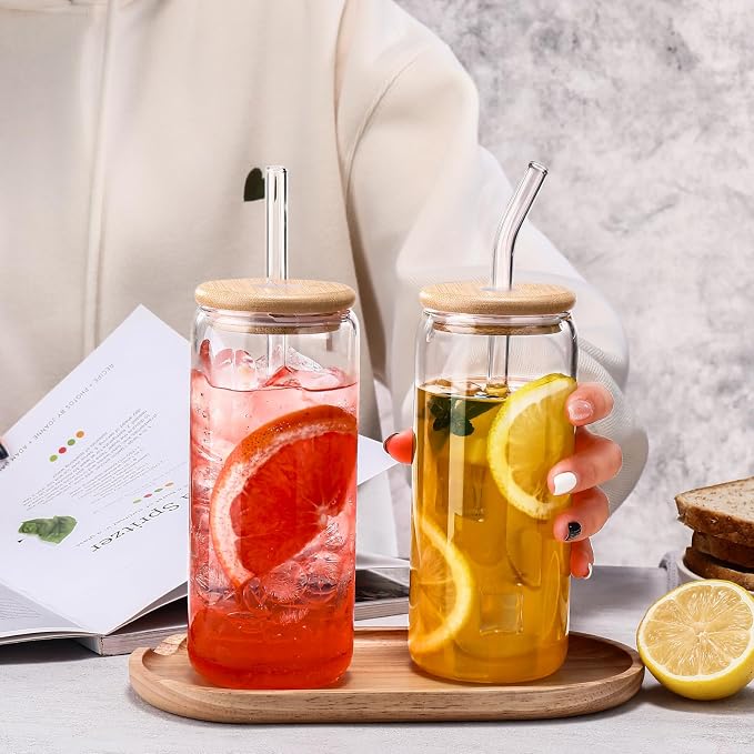 DWTS DANWEITESI Glass Cups “20oz”,Glass Cups with Lids and Straws 4 pcs-Coffee Cups,Drinking Glasses Set,Glass Tumbler with Straw and Lid Gift 2 Cleaning Brushes 600ml