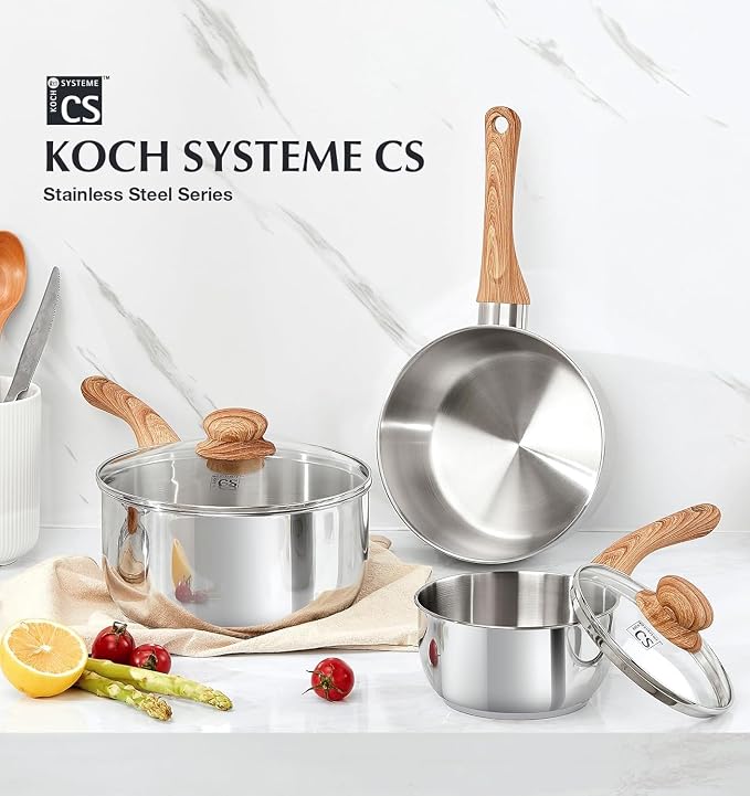 KOCH SYSTEME CS Stainless Steel Saucepan, 1 Quart Saucepan with Lid & Heat-resistant Bakelite Handle, Tri-ply Bottom Steel Sauce Pan with Lid, Induction Ready, Stainless Steel Pot 1QT