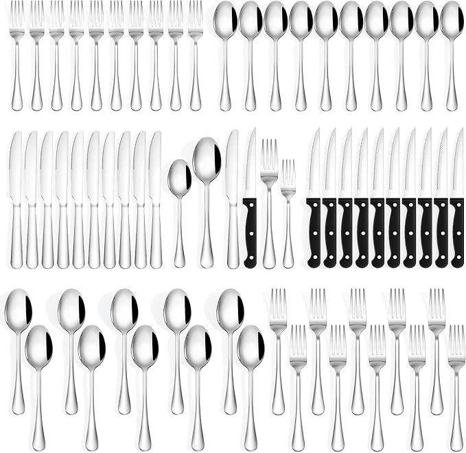 Quatish 60 Piece Silverware Set with Steak Knives, Cutlery Utensil Sets for 10, Food-Grade Stainless Steel Flatware Sets, Kitchen Utensils Set for Home Restaurant Hotel, Mirror Finished, Silver
