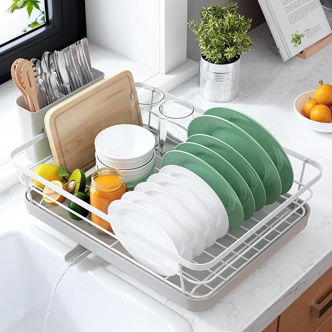 Kitsure Dish Drying Rack for Kitchen Counter, 12''W x 15.5''L, Light Grey | Stainless Steel Sink Organization, Cutlery Holder, Home and Appartment Decor