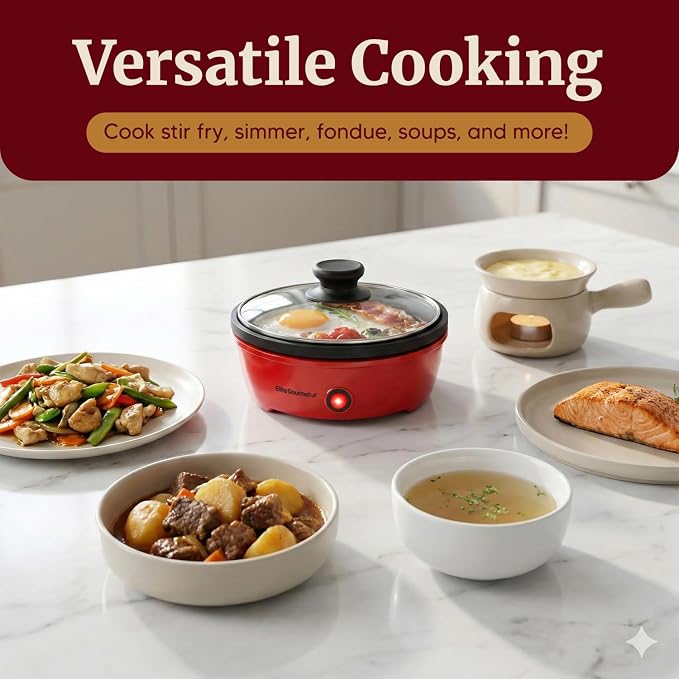 Elite Gourmet EGL-6101 Stir Fry Griddle Pan, 650W Non-Stick Skillet, Red | Rapid Heat-Up, Tempered Glass Lid for Easy Monitoring, Compact Personal-Size, Ideal for Pancakes & Eggs