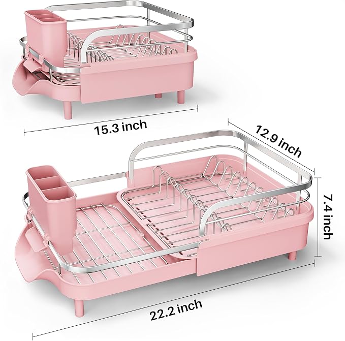 SAYZH Expandable Dish Drying Rack for Small Kitchen Counter, Pink | Stainless Steel, Protective Guardrail, Angled Drainboard, Fits High-Rim Sinks, Removable Utensil Holder
