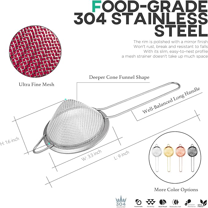Homestia 2 Piece 3.3" Fine Mesh Strainer for Kitchen, 304 Stainless Steel Cocktail Sieve Sifters for Food, Liquid Strainer for Drinks, Tea, Coffee, Juice, Flour, Fruits, Vegetables (Silver, 2 Pack)