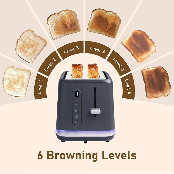 Stainless Steel Toaster 2 Slices, Toasters Wide Slot, Bread Toaster with Cancel, Reheat, Defrost Function, Bagel Toasters with Removable Tray & 6 Temperature Settings, LED Display, Grey