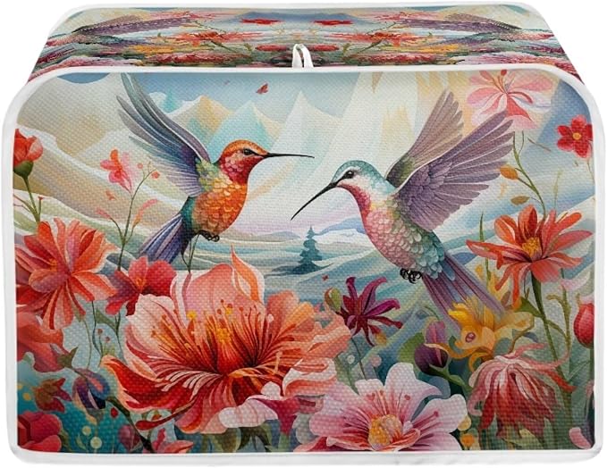 Hummingbird Flower Print Toaster Covers 2 Slice Wide Slot Dustproof Floral Fingerprint Protectors and Greasy Protection Anti-sputtering Machine Washable Women Gift