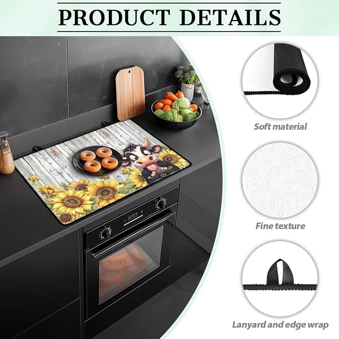 Cow Sunflower Wood Print Stove Top Covers Waterproof Electric Stove Cover Mat 29.18 x 20.99 inch Glass Cooktop Protector Large Coffee Machine Mat for Flat RV Range