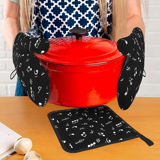 Music Notes Oven Mitts and Pot Holders Sets of 3 Black Hot Pads Musicial Oven Gloves Heat Resistant Non Slip Washable for Kitchen Cooking Grilling Baking