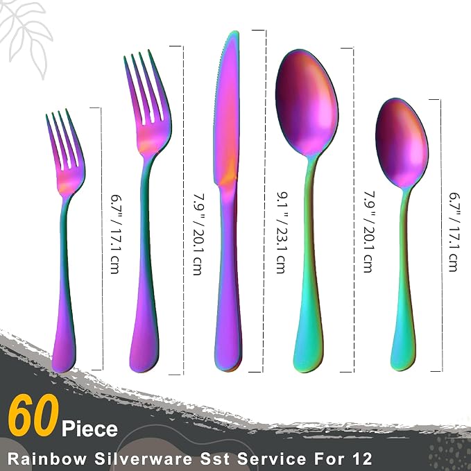 Runfly 60-Piece Rainbow Flatware Set, Stainless Steel Cutlery Set for 12 | Mirror Polished Durable Utensil Set Includes Knife Fork Spoon for Home Kitchen Restaurant Tableware