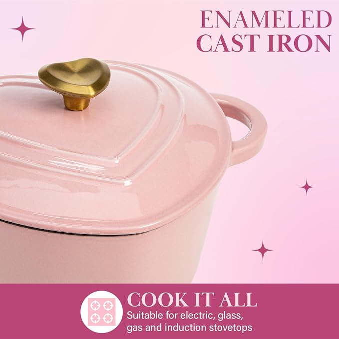 Paris Hilton Enameled Cast Iron Dutch Oven Pot with Lid, Heart-Shaped Dutch Oven, Durable Cast Iron Pot with Dual Handles, Oven Safe to 500°F, Works on All Stovetops, 2-Quart, Pink