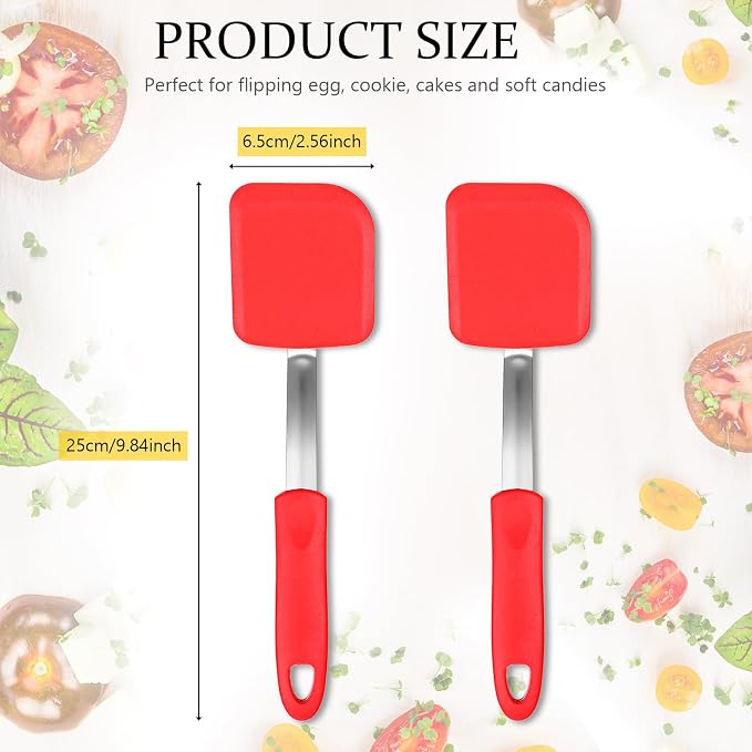 Silicone Cookie Spatula Turner 2 Pack Mini Brownie Spatula Flexible Kitchen Small Silicone Turner for Nonstick Cookware Heat Resistant No Scratch Flipper for Egg(Solid Flat,Red)