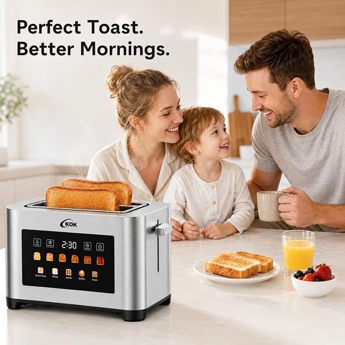 KOK 2 Slice Touch Screen Toaster, Stainless Steel Smart Toaster with 1.6” Extra Wide Slots, 6 Browning Levels & 5 Bread Presets, Digital Timer Defrost Reheat Cancel, Removable Crumb Tray for Kitchen