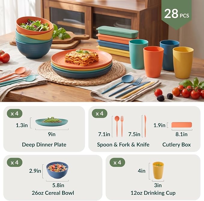 Wheat Straw Dinnerware Sets 28 PCS Lightweight Plates and Bowls Sets Unbreakable Microwave & Dishwasher Safe Dish Set with Utensils Reusable Dishes Set for Kitchen, Camping, RV, Party (Multi)