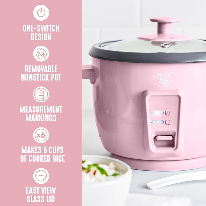 GreenLife Rice Cooker, 3-Cups Uncooked/6-Cups Cooked, Pink | PFAS-Free Ceramic Nonstick Removable Pot, One-Switch Design, Grains Multicooker, Keep Warm, Dishwasher Safe Parts, Easy Clean