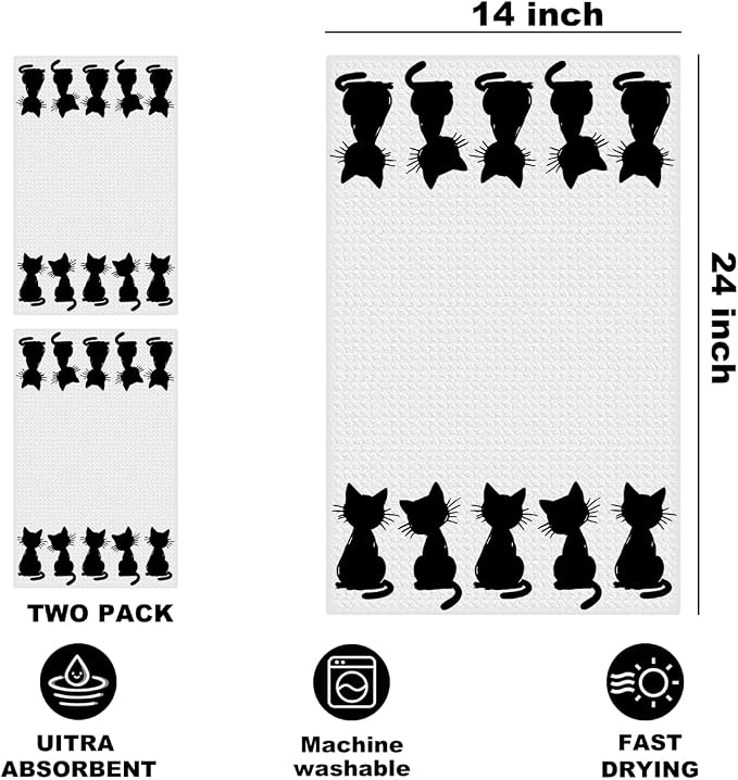 2 Pcs Cute Cat Kitchen Towels 24x14 Inch, Cat Lover Gifts for Women Mom | Cute Cat Gifts Absorbent Reuse Hand Tea Towel Dish Cloths for Drying Dishes, Cat Waffle Dish Towels for Kitchen Home Decor