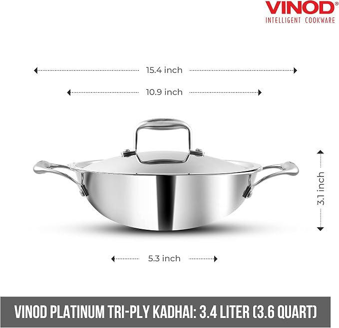Vinod Platinum Triply Kadai with Lid, 28cm, 3.7 Litre, for Home Kitchen | Stainless Steel Wok For Indian Cooking; Durable Tri-Ply Construction, Induction And Gas Compatible