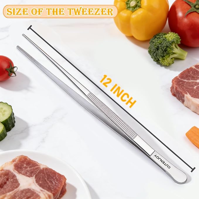 12-Inch Kitchen Tweezers, 18/8 Stainless Steel Tongs with Serrated Tips | Metal Fine Tweezers Tongs, Precision Grip, Non-Slip Tips, Long Cooking Tongs for Cooking, Chef, Serving Food, Grill, BBQ