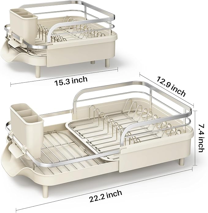 SAYZH Expandable Dish Drying Rack for Small Kitchen Counter, Beige | Stainless Steel, Protective Guardrail, Angled Drainboard, Fits High-Rim Sinks, Removable Utensil Holder