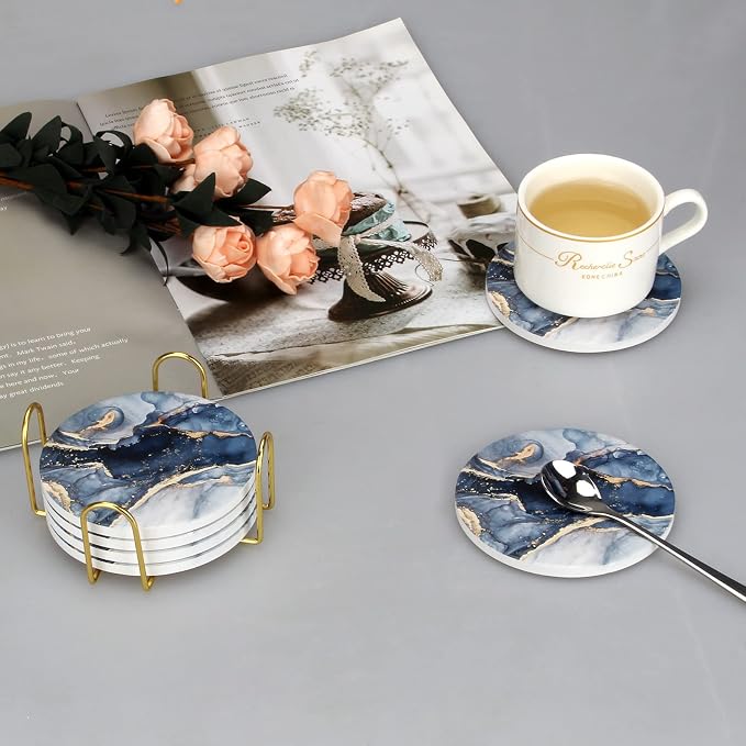 Coasters Set of 6, Navy Blue Marble Abstract Ceramic Coasters with Holder | Best Round Absorbent Drink Coaster Set, Coffee Table Decor for Home Decor House Warming Gifts New Home