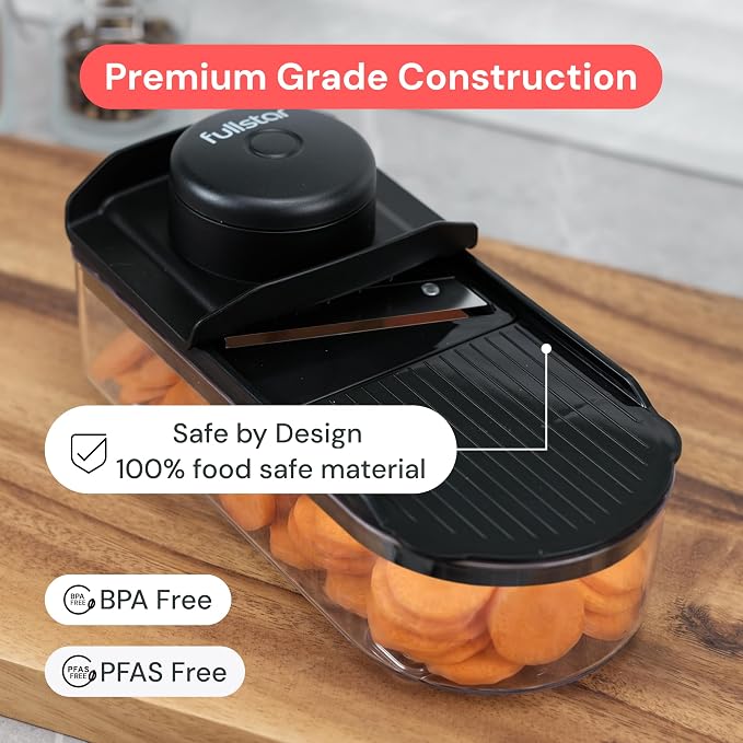 Fullstar Essential Mandoline Vegetable Slicer & Julienne Cutter | 4 in 1 Compact Fruit Cutter, Cucumber Slicer & Cheese Grater, with Stainless Steel Blades, Guard & 3-Cup Container (Black)