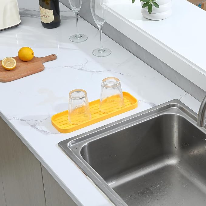 MicoYang Silicone Kitchen Sink Organizer Tray for Multiple Usage,Easy Clean,Eco-Friendly Sponges Holder for Kitchen Bathroom Counter or Sink,Dish Soap Dispenser,Scrubber,Bottle,Cup Yellow 12" x 4”