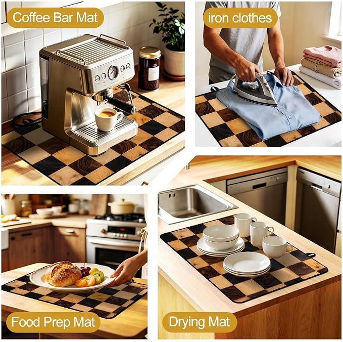 Wood Checkered Butcher Block Stove Top Cover Electric Gas Stove | Rustic butcher block wood kitchen decor; non-slip stovetop cover, faux wood noodle board, glass cooktop counter mat
