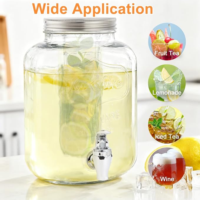 2 Gallon Glass Drink Dispensers For Parties,Beverage Dispenser with Stand,Fruit Infuser,Mason Jar Water Dispenser for Juice/Tea,Lemonade Dispenser for Parties,BPA Free Clear Water Pitcher with Spigot